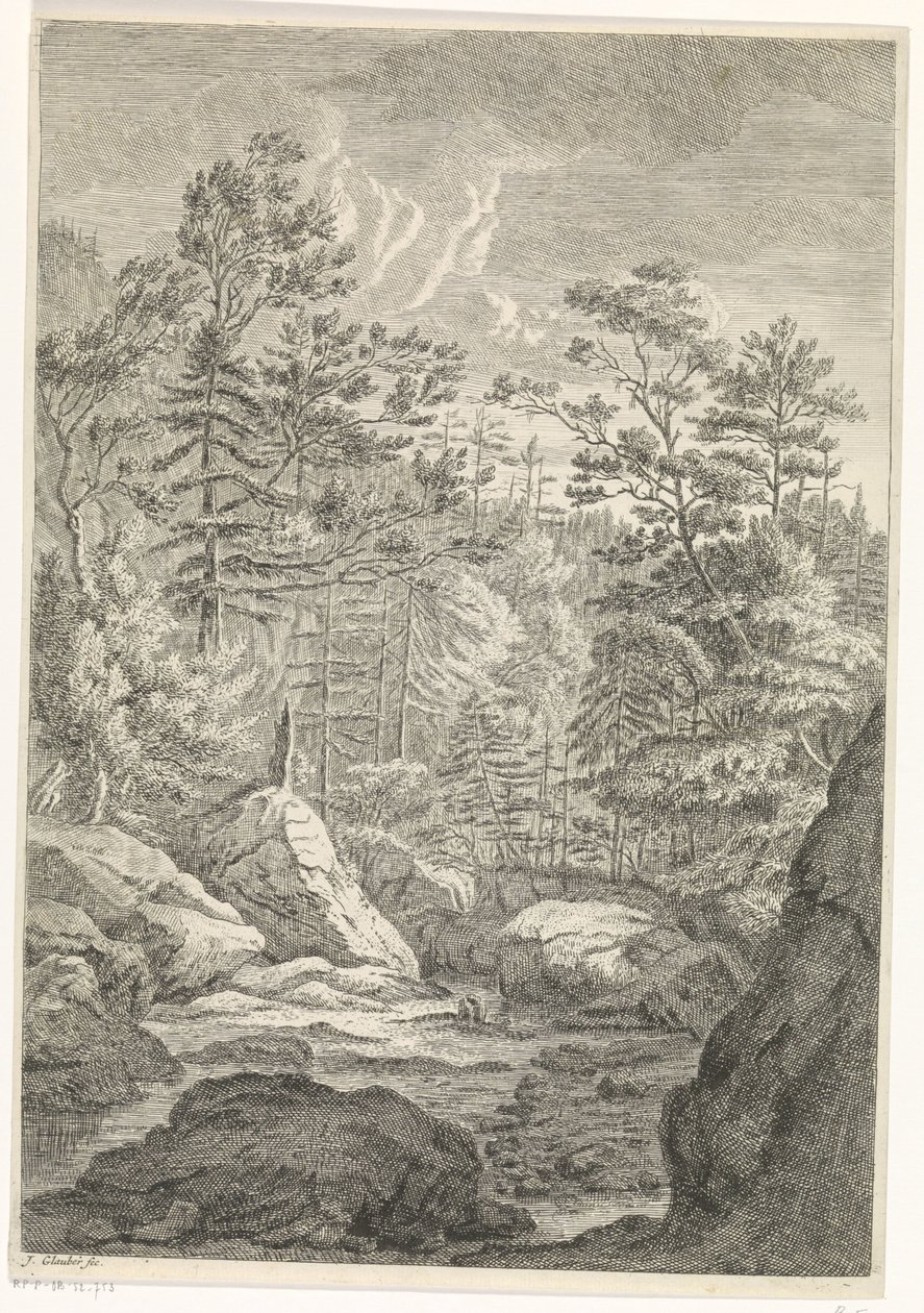 Barranco con árboles y un arroyo Paisajes en las montañas de Chartreuzer (título de la serie) de Johannes Glauber