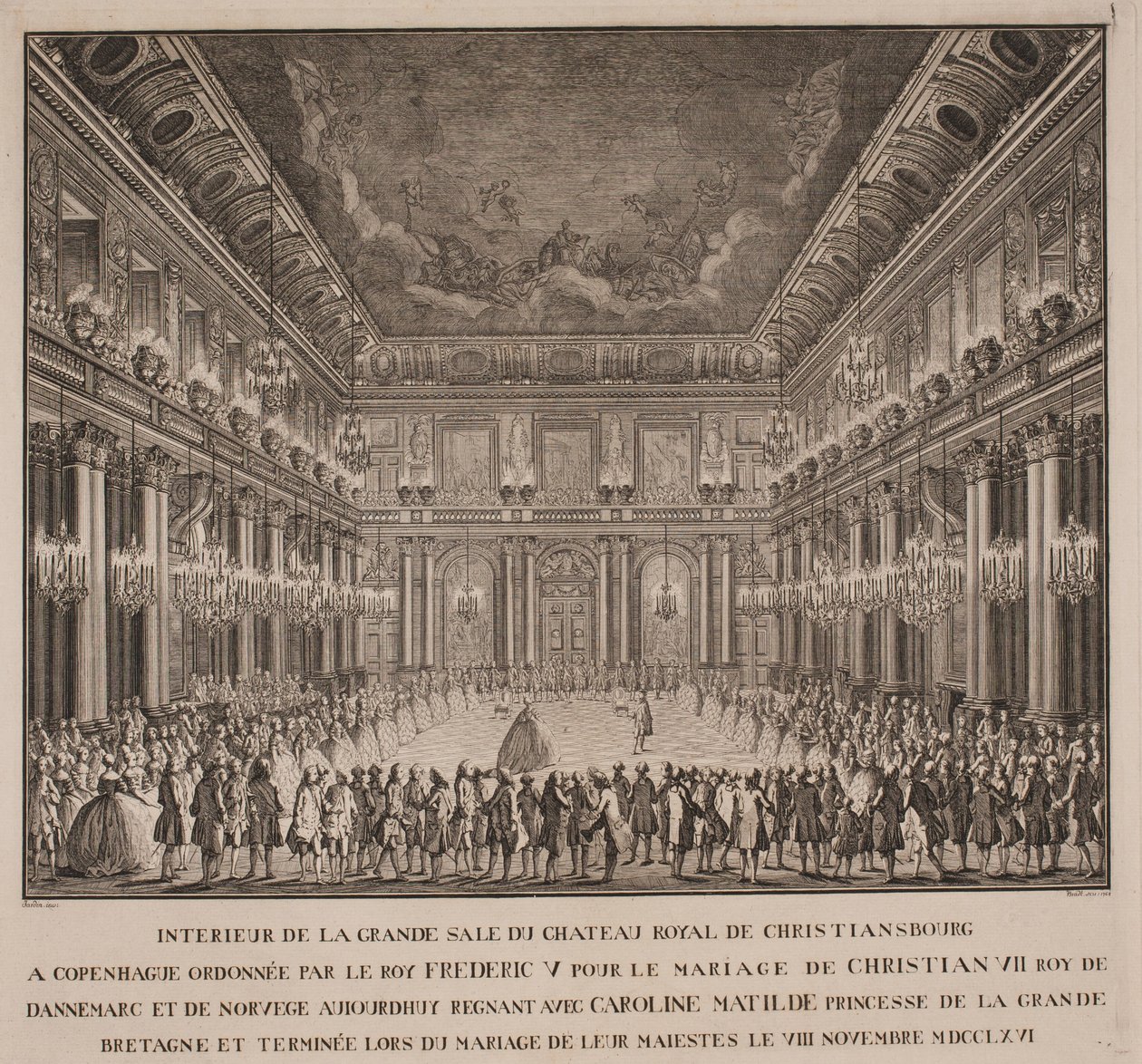 Ballet de la corte en el salón de caballeros de Christiansborg en la boda de Christian VII con Caroline Mathilde de Johannes Gottfred Bradt