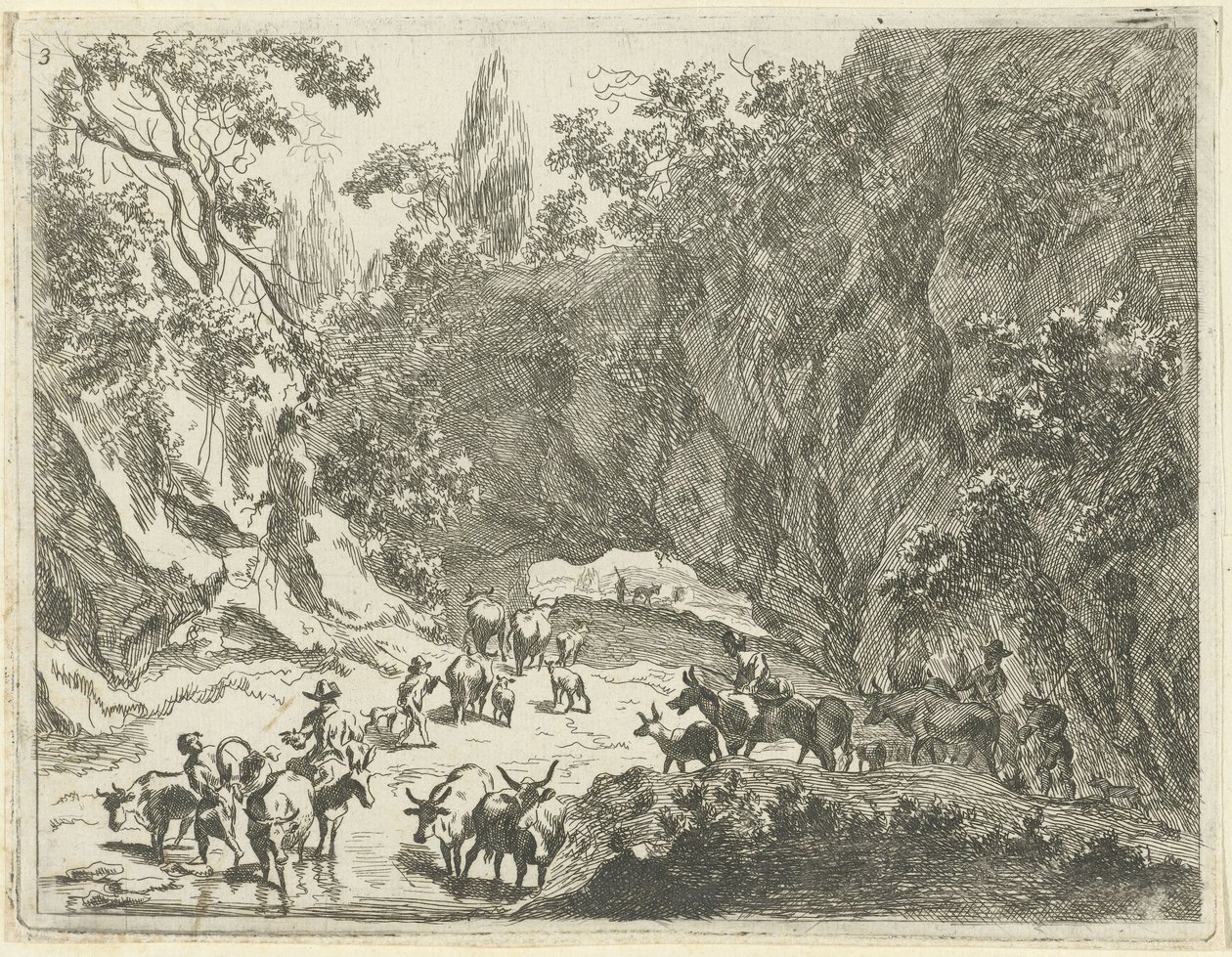 Paisaje de montaña con pastores y ganado. Paisajes con pastores y ganado (título de la serie) de Johannes Gronsveld