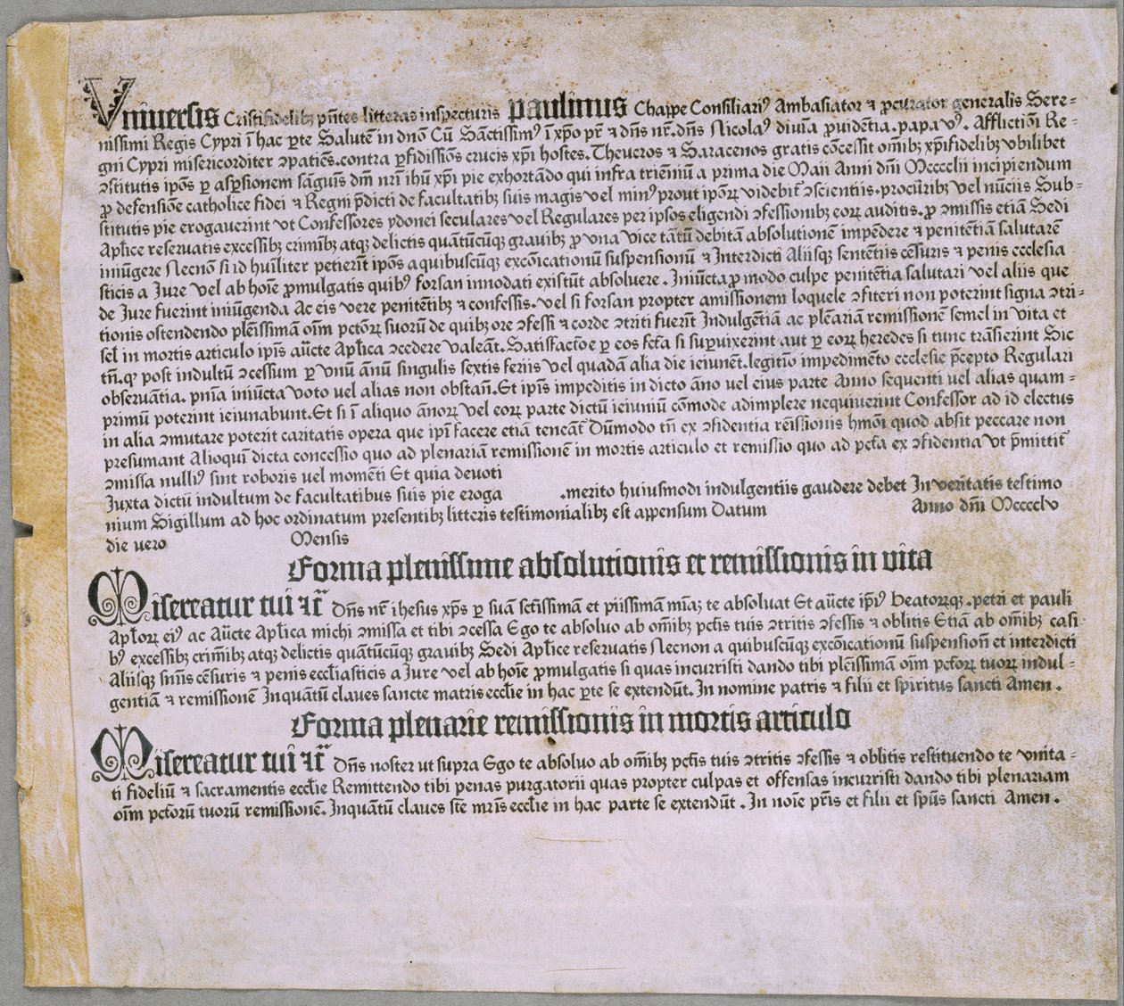 Carta de indulgencia (para la expedición contra los turcos y la defensa de Chipre), (Maguncia, Johannes Gutenberg, 1455) de Johannes Gutenberg