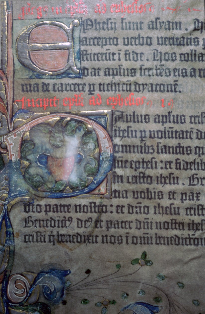 Detalle de la Biblia de Gutenberg del siglo XV, de la apertura de Efesios de Johannes Gutenburg