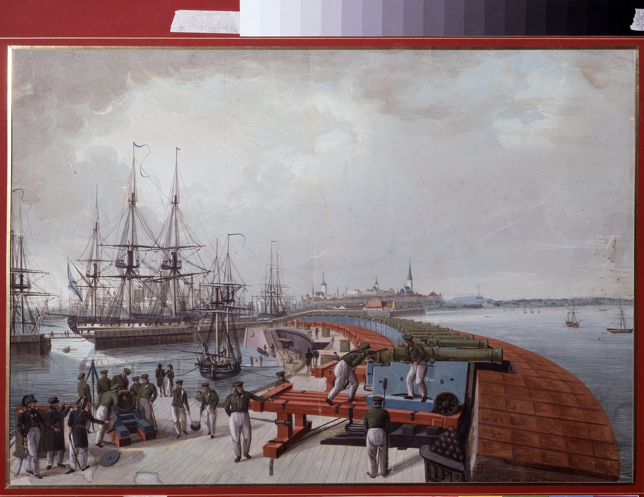 Vista de Reval (actual Tallinn (Tallin), en Estonia), el puerto y la artillería de la costa rusa (Vista de Reval, El Puerto y la Artillería de la Costa Rusa). Obra de Johannes Hau (1771-1838), acuarela sobre papel de Johannes Hau