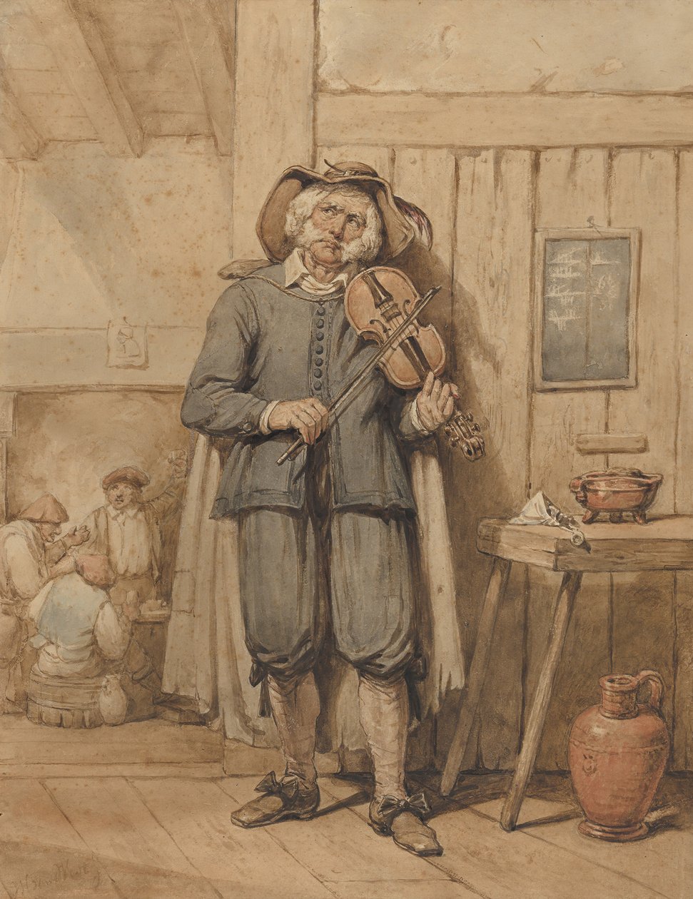 Un violinista en una taberna, con tres hombres en el fondo, mediados del siglo XIX de Johannes Hendrik van West