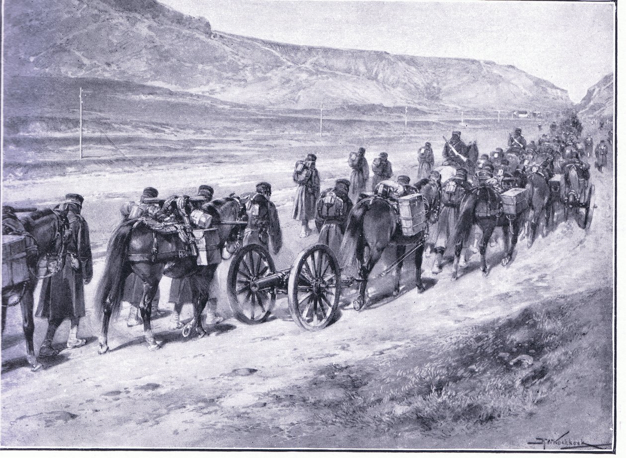 Una batería de cañones de campaña en camino a Ichon, ilustración de Cassells History of the Russo-Japanese War Vol 1, c.1900 de Johannes Hermann Barend Koekkoek
