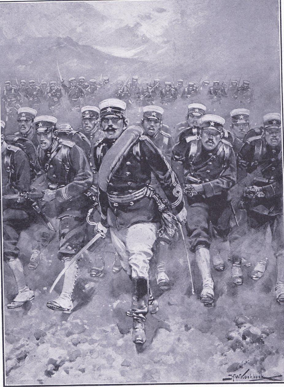 Una carga de la infantería japonesa, ilustración de Cassells History of the Russo-Japanese War Vol 1, c.1900 de Johannes Hermann Barend Koekkoek