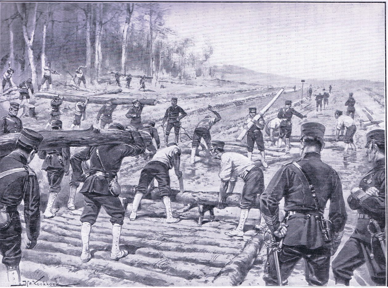 Ingenieros japoneses construyendo un camino de madera para las tropas, ilustración de Cassells History of the Russo-Japanese War Vol 1, c.1900 de Johannes Hermann Barend Koekkoek