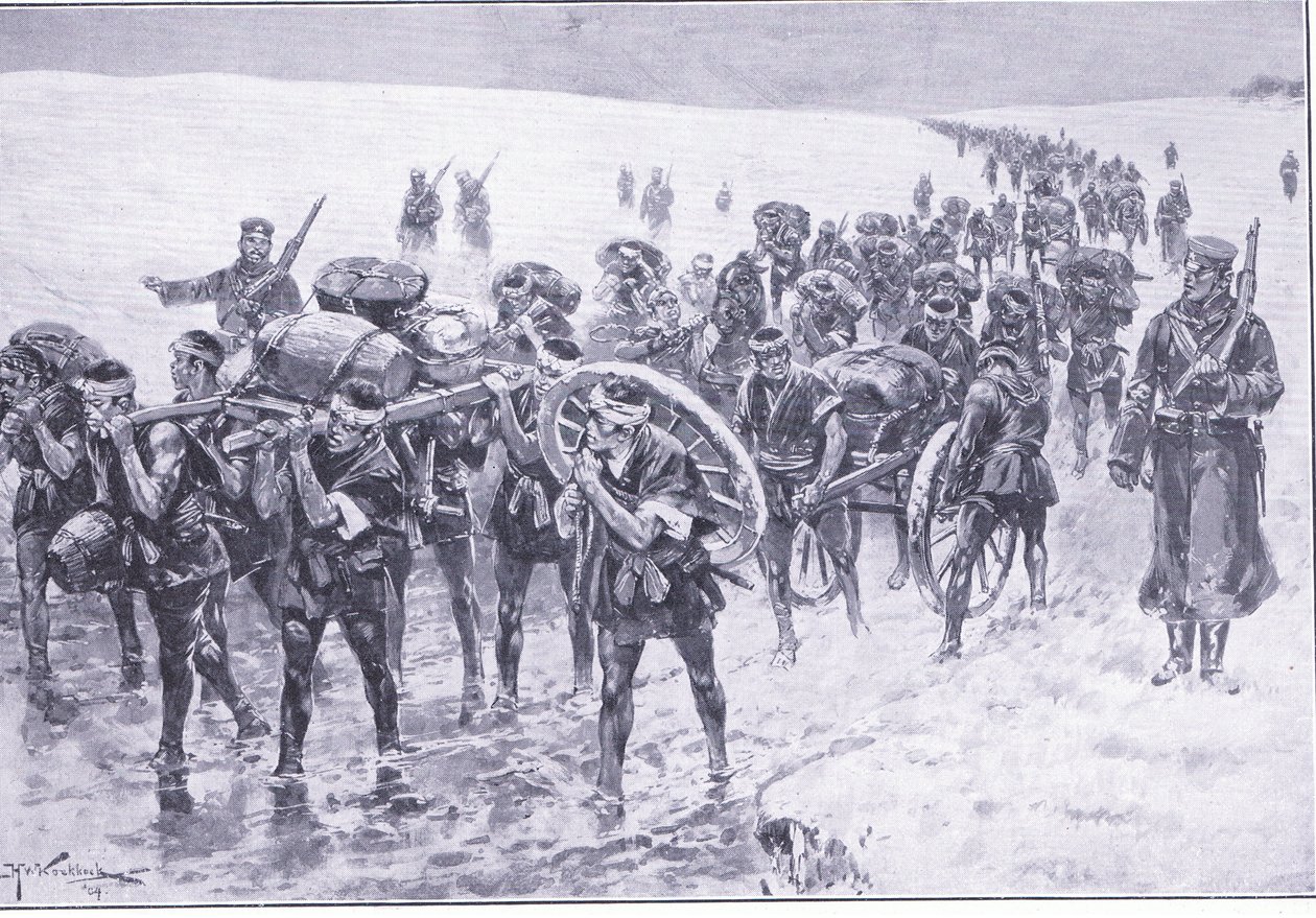 Japoneses en marcha. Hombres en lugar de ponis de carga, ilustración de Cassells History of the Russo-Japanese War Vol 1, c.1900 de Johannes Hermann Barend Koekkoek