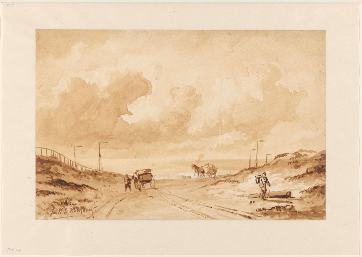 Paisaje con carretera entre dunas hasta el mar de Johannes Hermanus Barend Koekkoek
