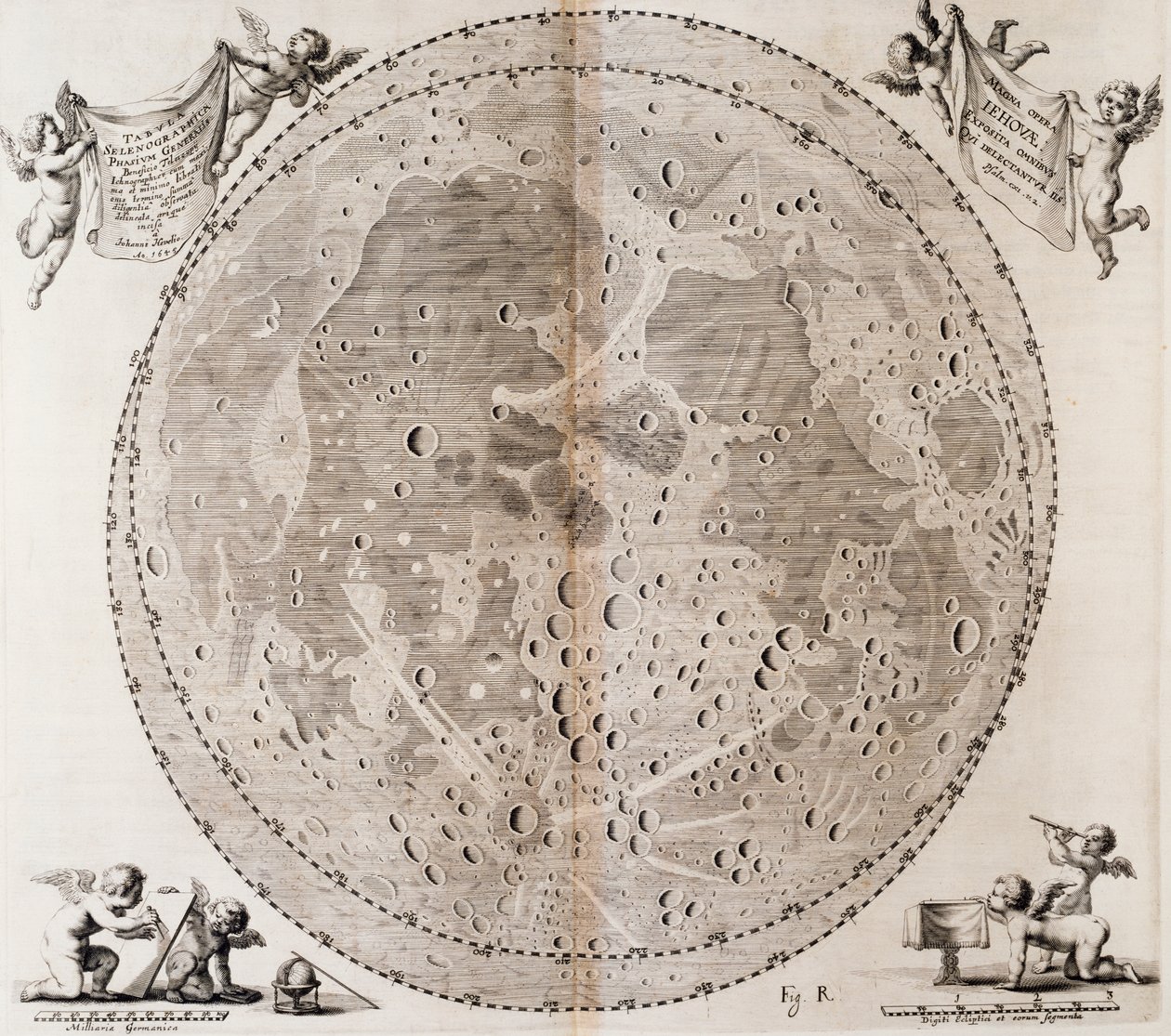 Primer mapa detallado de la Luna dibujado en 1647 por Johann Hevelius, impresión tomada del atlas celestial de Johann Hevelius 