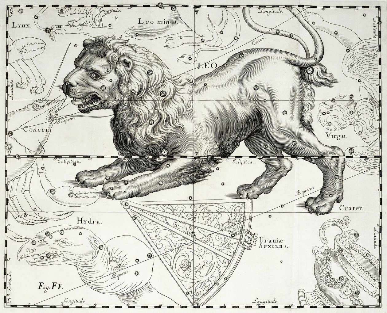 Leo, constelación zodiacal del León, ilustración tomada del atlas estelar Firmamentum Sobiescianum sive Uranographia de Johann Hevelius (1611-1687), Gdansk de Johannes Hevelius