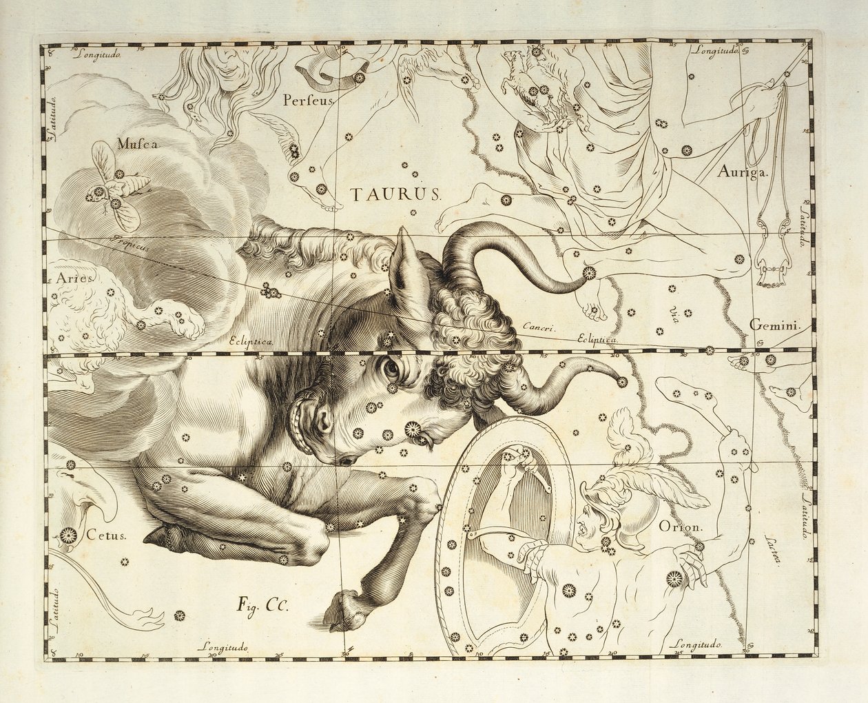 Tauro, constelación de Tauro, grabado del atlas celeste Firmamentum Sobiescianum sive Uronographia, de Johann Hevelius (1611-1687), Gdansk. de Johannes Hevelius
