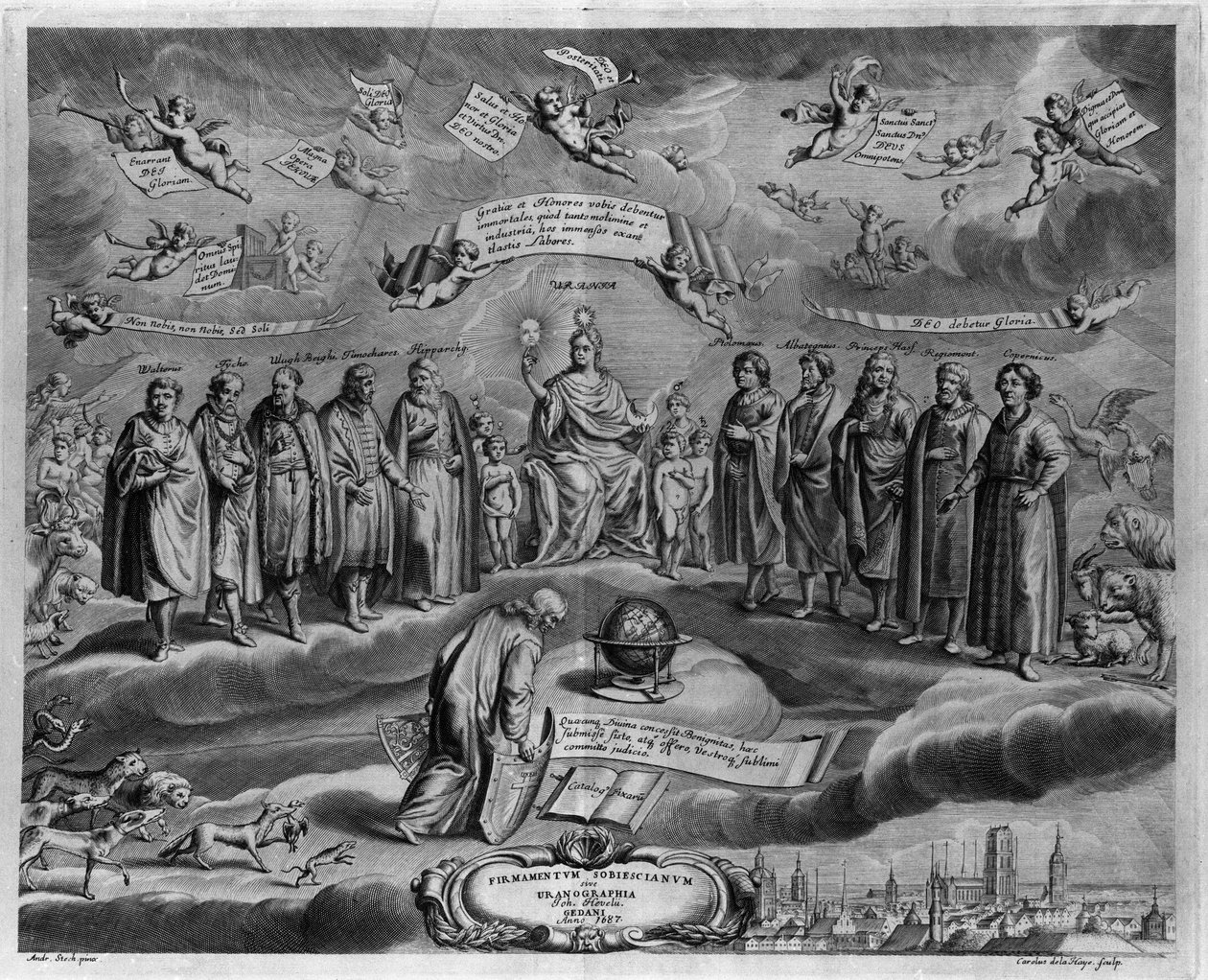 Los astrónomos famosos. Entre ellos, de izquierda a derecha: Walterus (?), Tycho Brahe (Tyge Ottesen Brahe), conocido como El noble danés o El hombre de la nariz de oro (1546-1601), Ulugh Beg (Oulough Beg, Oulugbek) (1394-1449), Timocharis de Alejandría (c de Johannes Hevelius