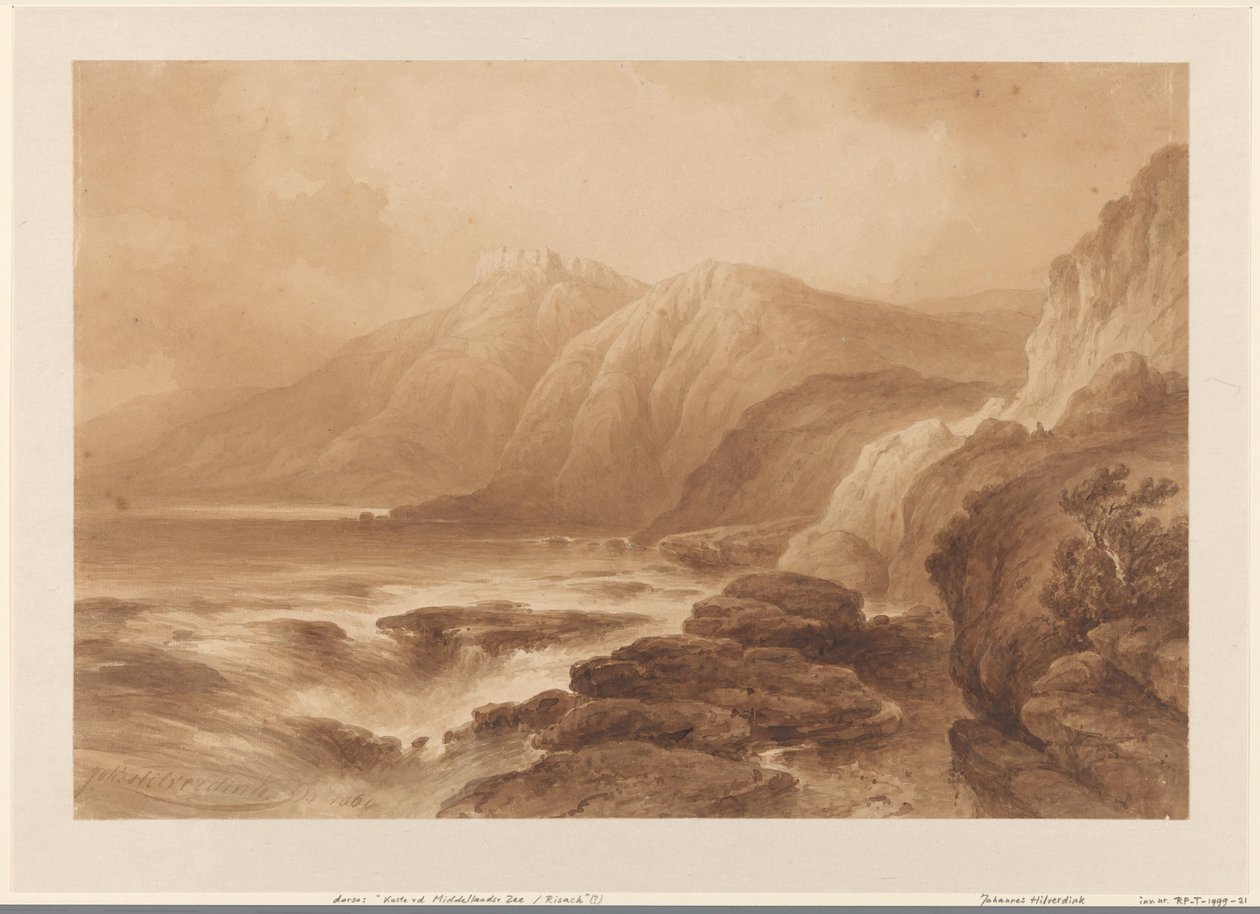 Vista de una alta costa rocosa, con una fortaleza en una de las cimas de la montaña de Johannes Hilverdink