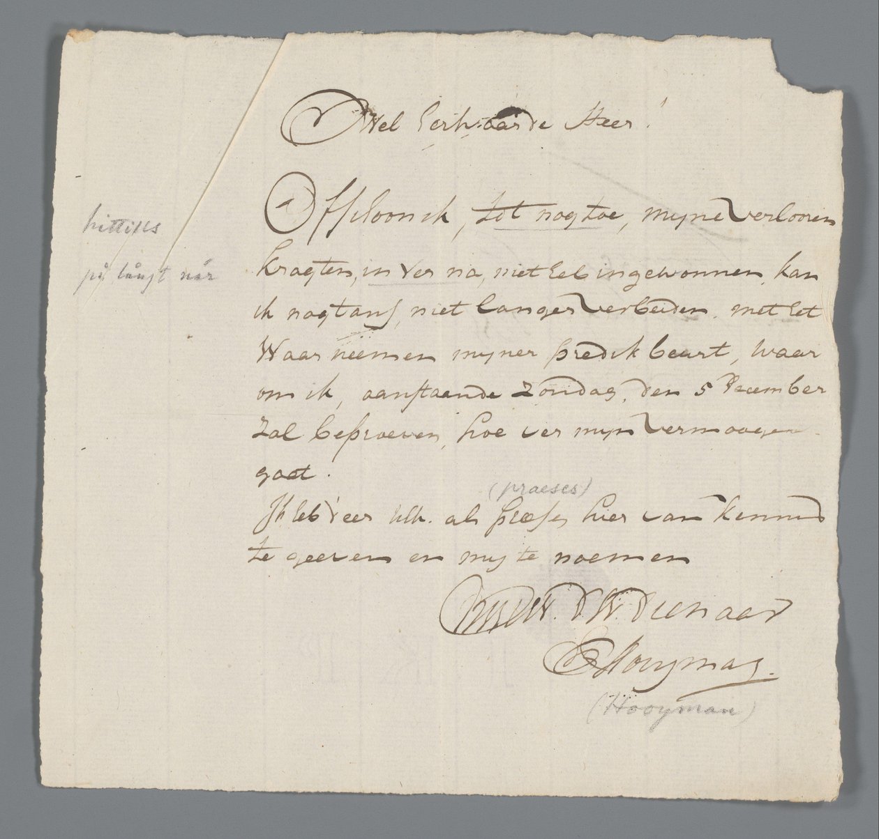 Carta del reverendo Hooyman a Jan Brandes de Johannes Hooyman