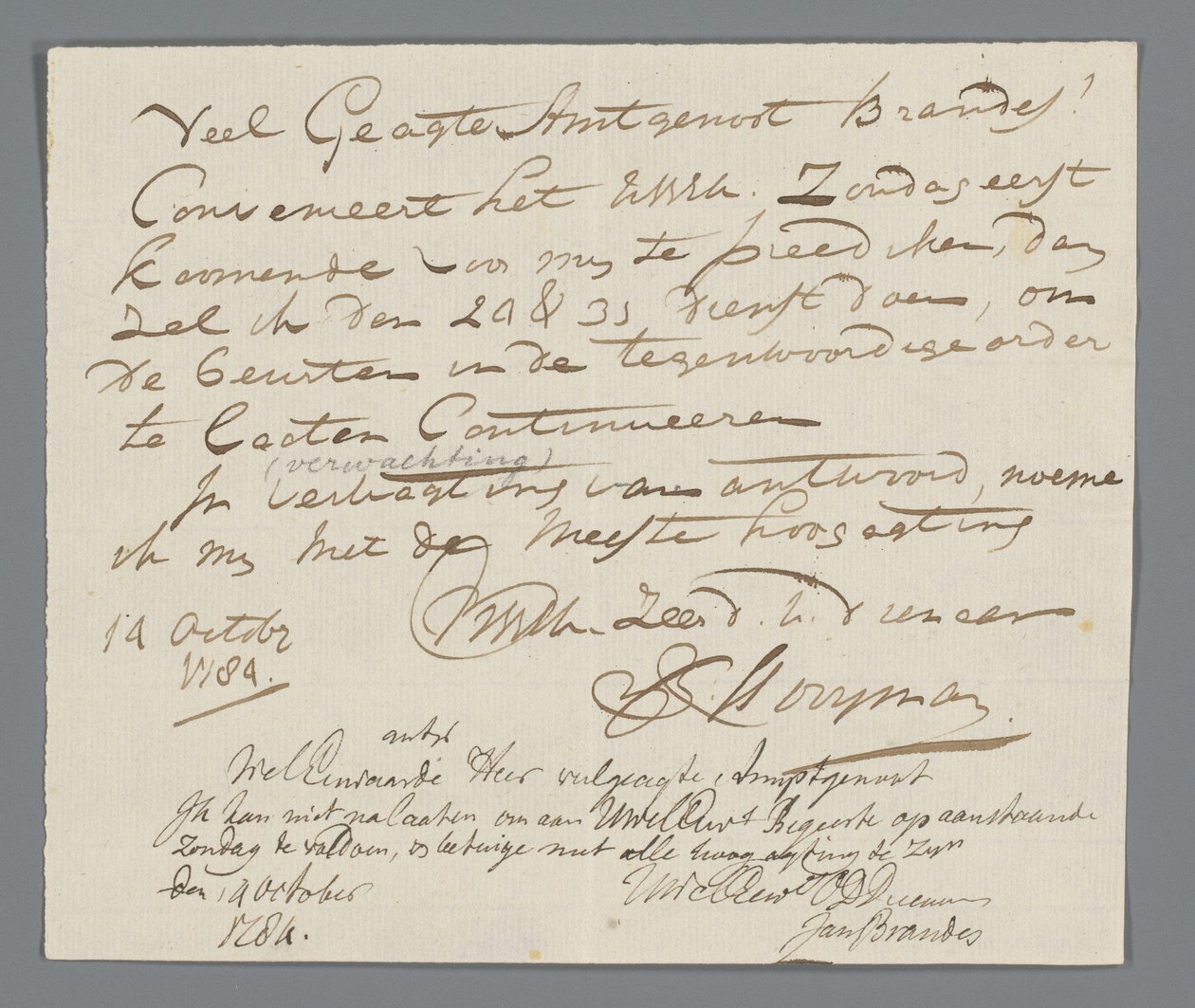 Carta del reverendo Hooyman a Jan Brandes de Johannes Hooyman