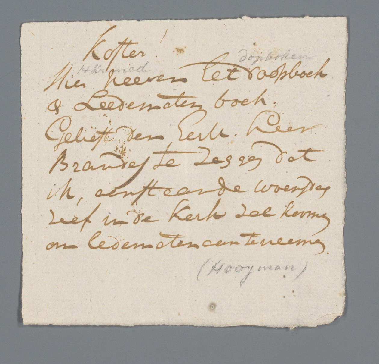 Carta del reverendo Hooyman al sacristán de Johannes Hooyman