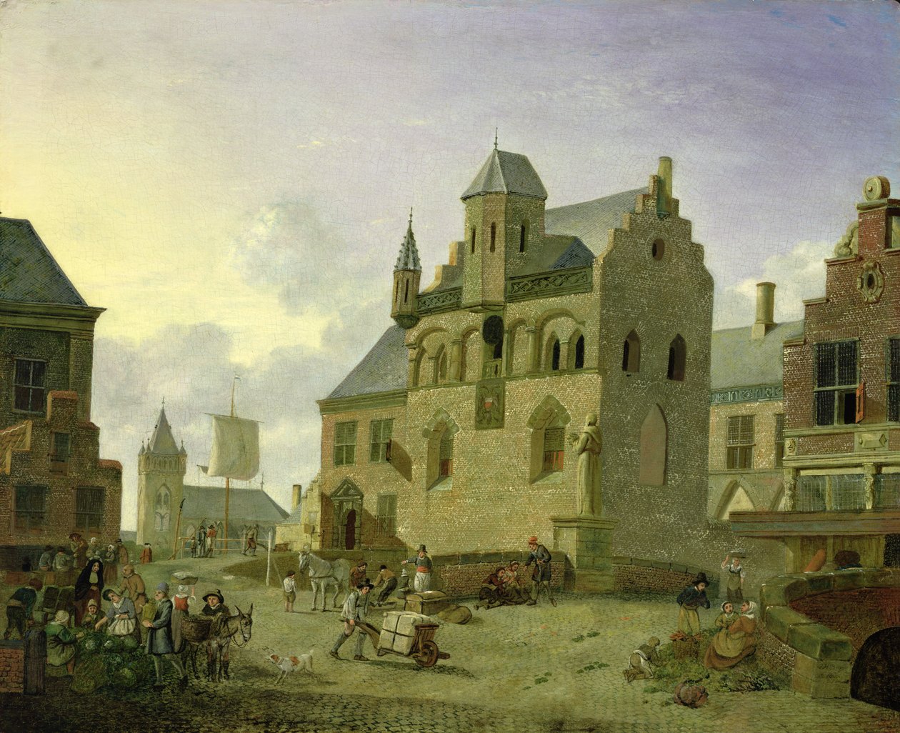 Plaza del pueblo con figuras y campesinos comerciando en un mercado de Johannes Huibert Prins