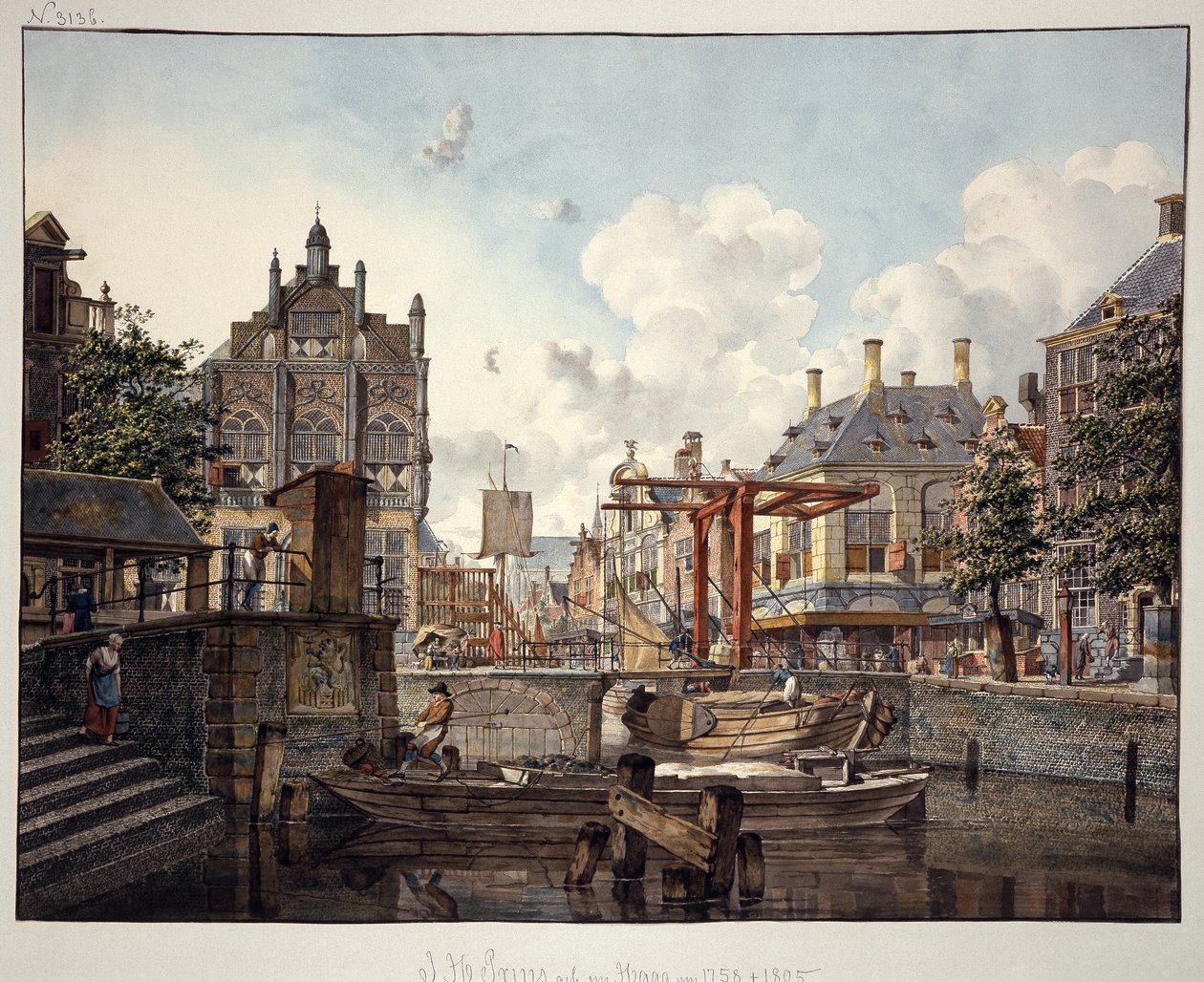 Vista de ciudad con puente levadizo de Johannes Huibert Prins