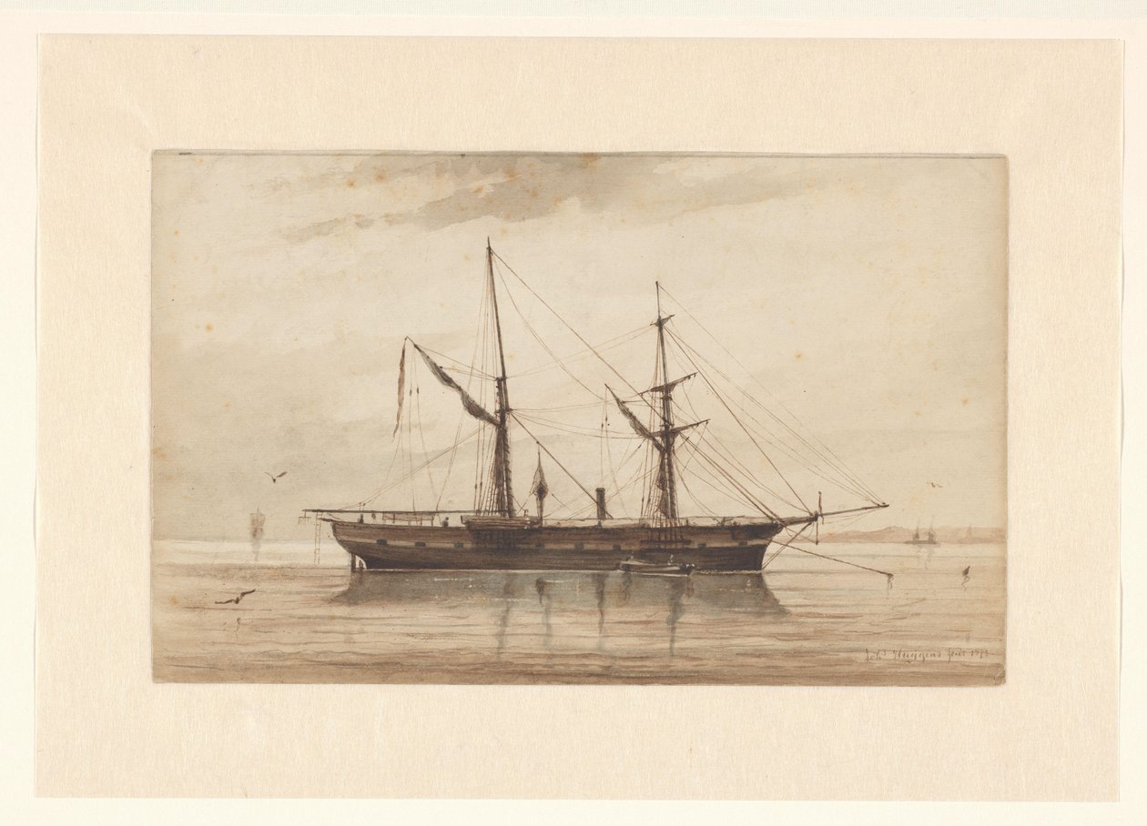 Velero anclado en aguas tranquilas de Johannes Huygens (signed by artist)