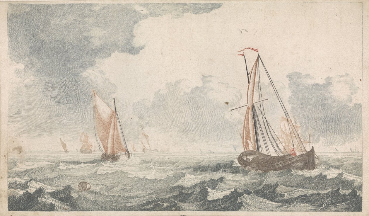 Dos barcos de fondo plano que navegan uno hacia el otro Barcos en el mar (serie A) (título de la serie) de Johannes Jacobsz van den Aveele