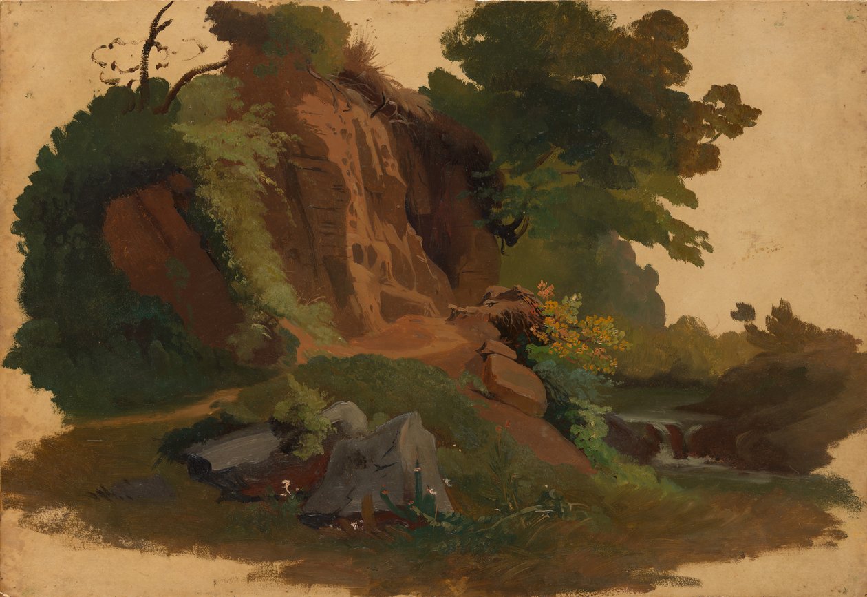 Afloramiento Rocoso junto a un Arroyo en la Campiña Romana, ca. 1835-40 de Johannes Jakob Frey