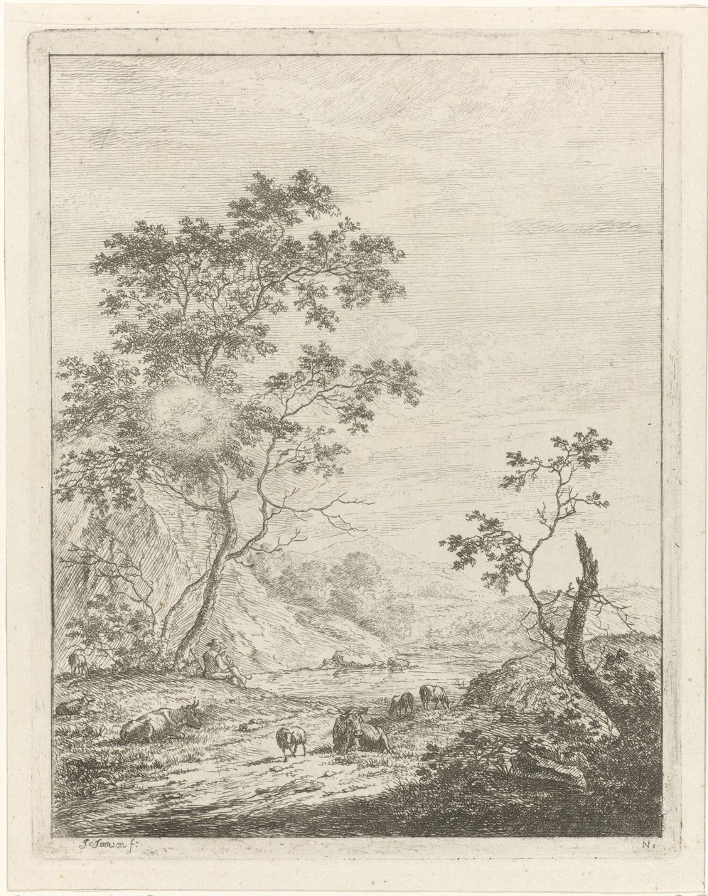 Paisaje montañoso con pastor y ganado. de Johannes Janson