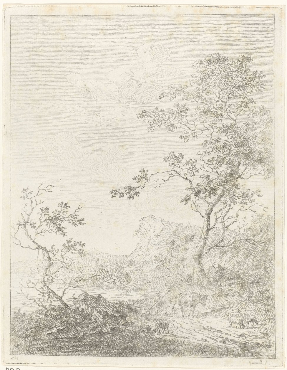 Paisaje montañoso con pastor y ganado en el camino. de Johannes Janson