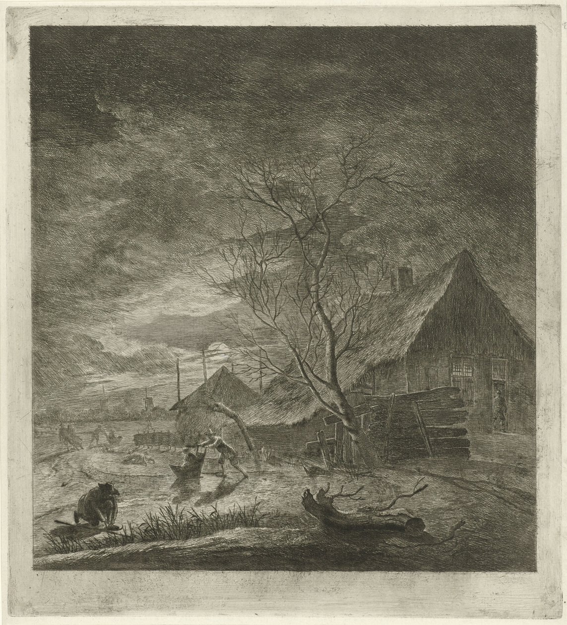 Paisaje nocturno con granja y patinadores. de Johannes Janson