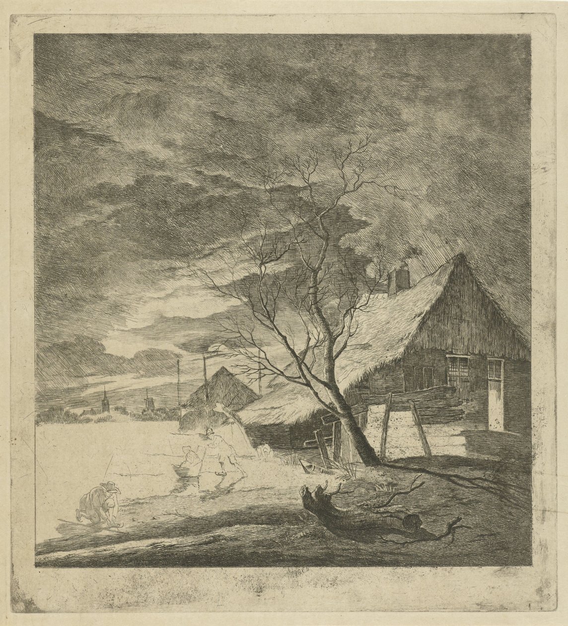 Paisaje nocturno con granja y patinadores. de Johannes Janson