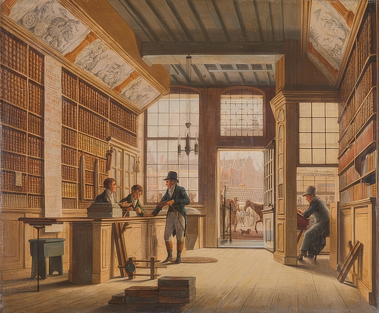 La tienda del librero Pieter Meijer Warnars en Vijgendam en Ámsterdam de Johannes Jelgerhuis