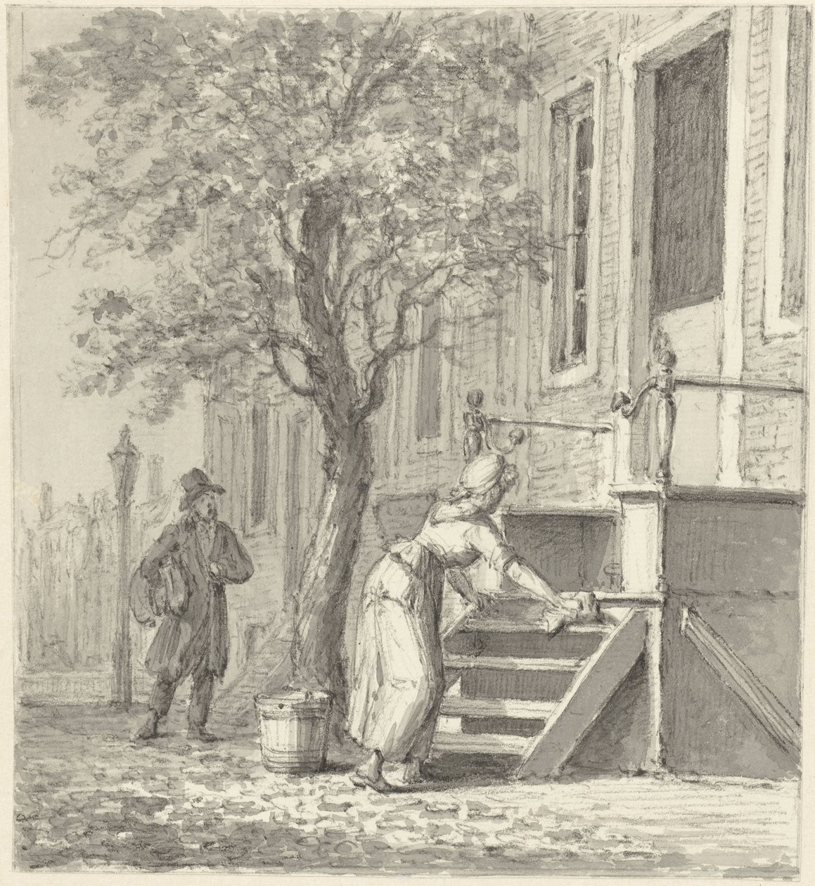 Una criada limpiando una escalera frente a una casa. de Johannes Jelgerhuis