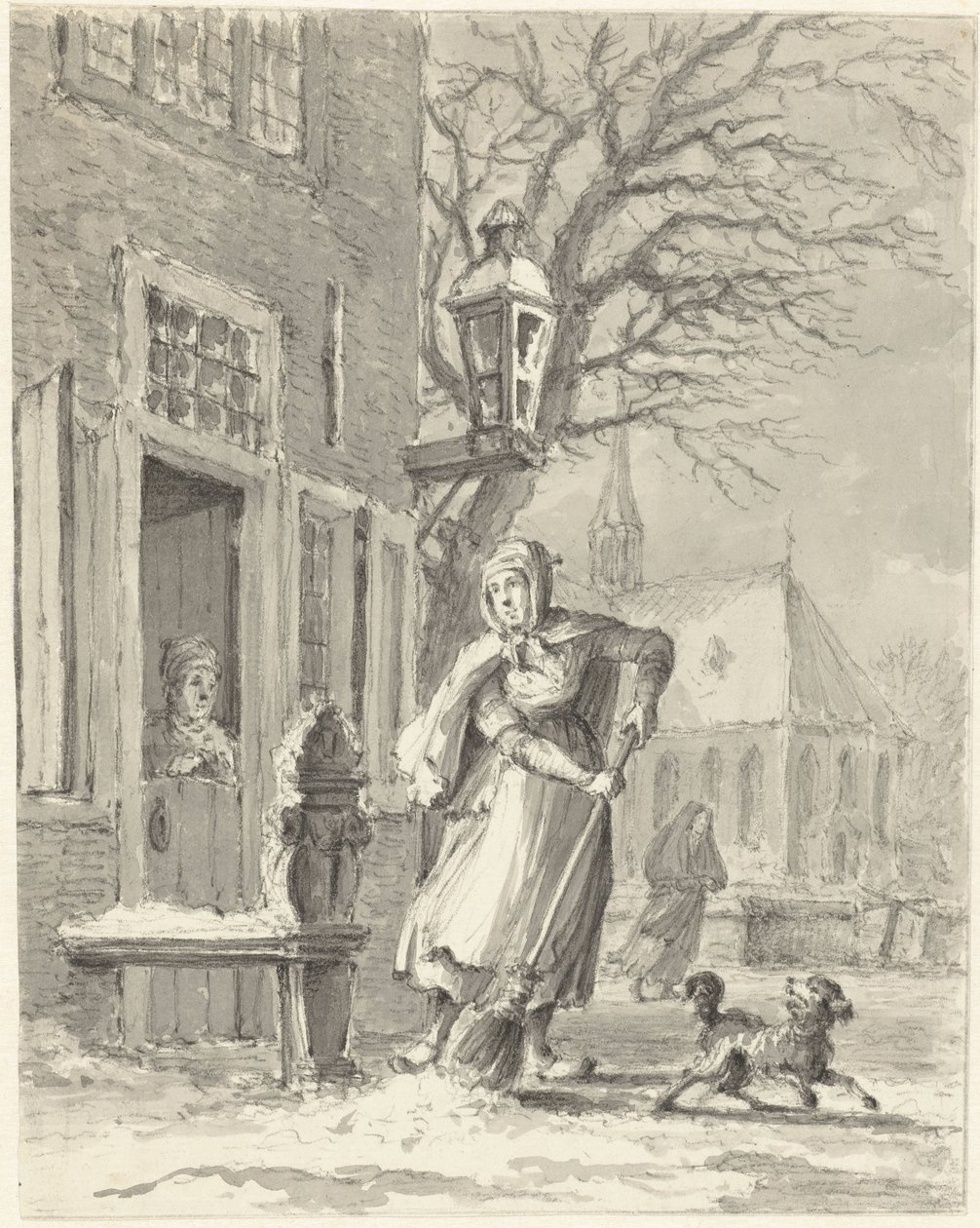 Una criada está limpiando la nieve para una casa. de Johannes Jelgerhuis