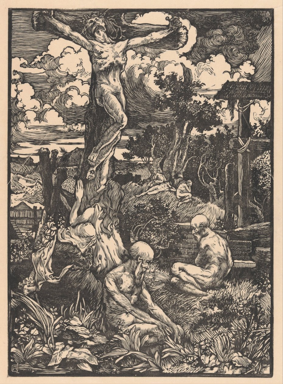 Hombre crucificado en un paisaje de colinas de Johannes Josephus Aarts