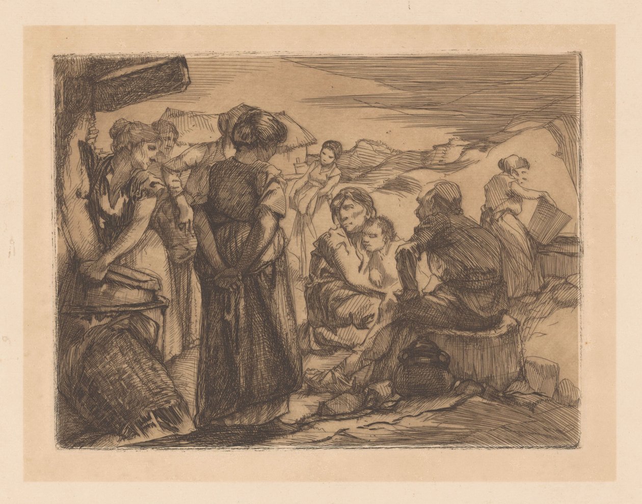 Hombre, mujer y niño en un paisaje de colinas de Johannes Josephus Aarts