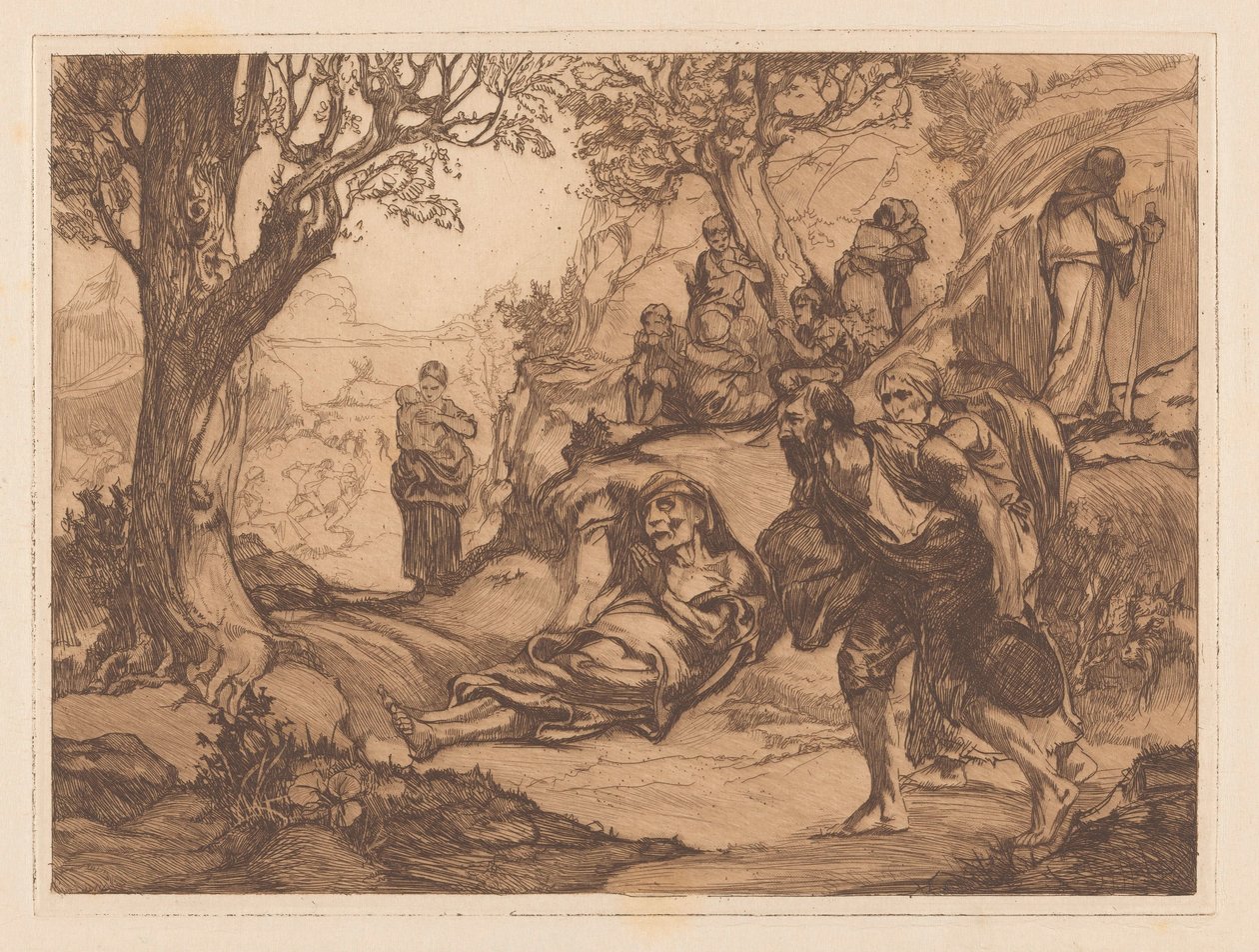 Hombres, mujeres y niños en un paisaje de colinas de Johannes Josephus Aarts