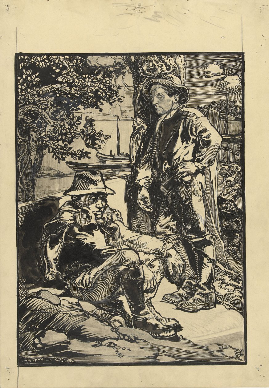 Dos trabajadores del dique, uno sentado, el otro apoyado en un árbol de Johannes Josephus Aarts