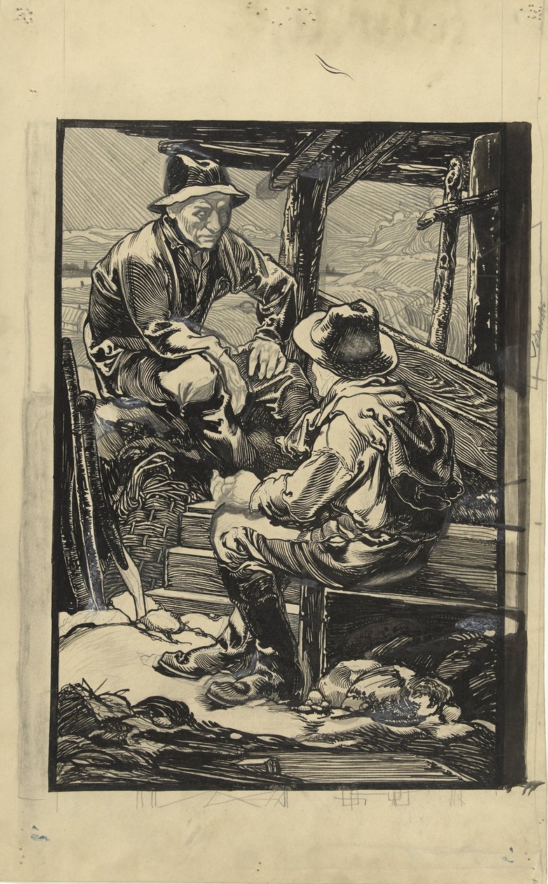 Dos trabajadores del dique en una cabaña de tablones de Johannes Josephus Aarts