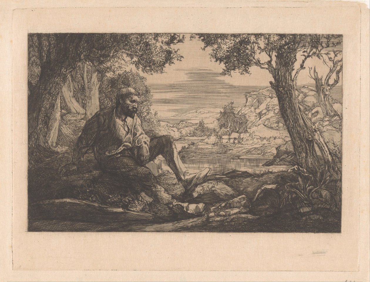 Hombre sentado en un paisaje de colinas de Johannes Josephus Aarts
