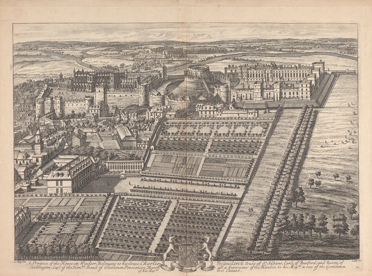 Perspectiva de la casa de Windsor, propiedad de Su Gracia Charles Beauclerck de Johannes Kip