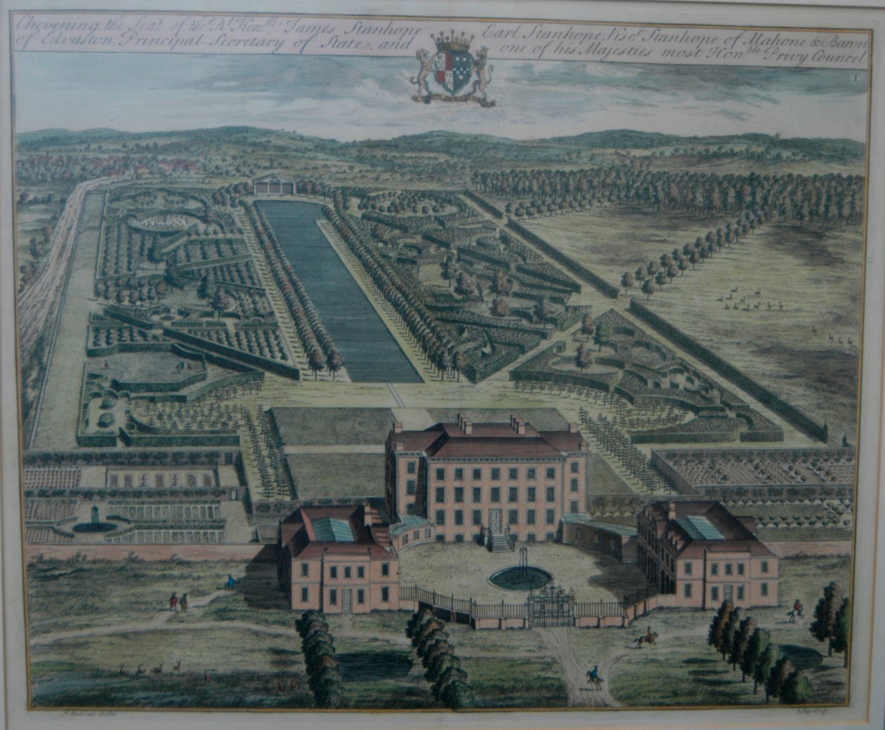 Un grabado de Chevening por Johannes Kip (m.1722) según Thomas Badeslade (m.1742), publicado (en History of Kent) 1719 por John Harris de Johannes Kip