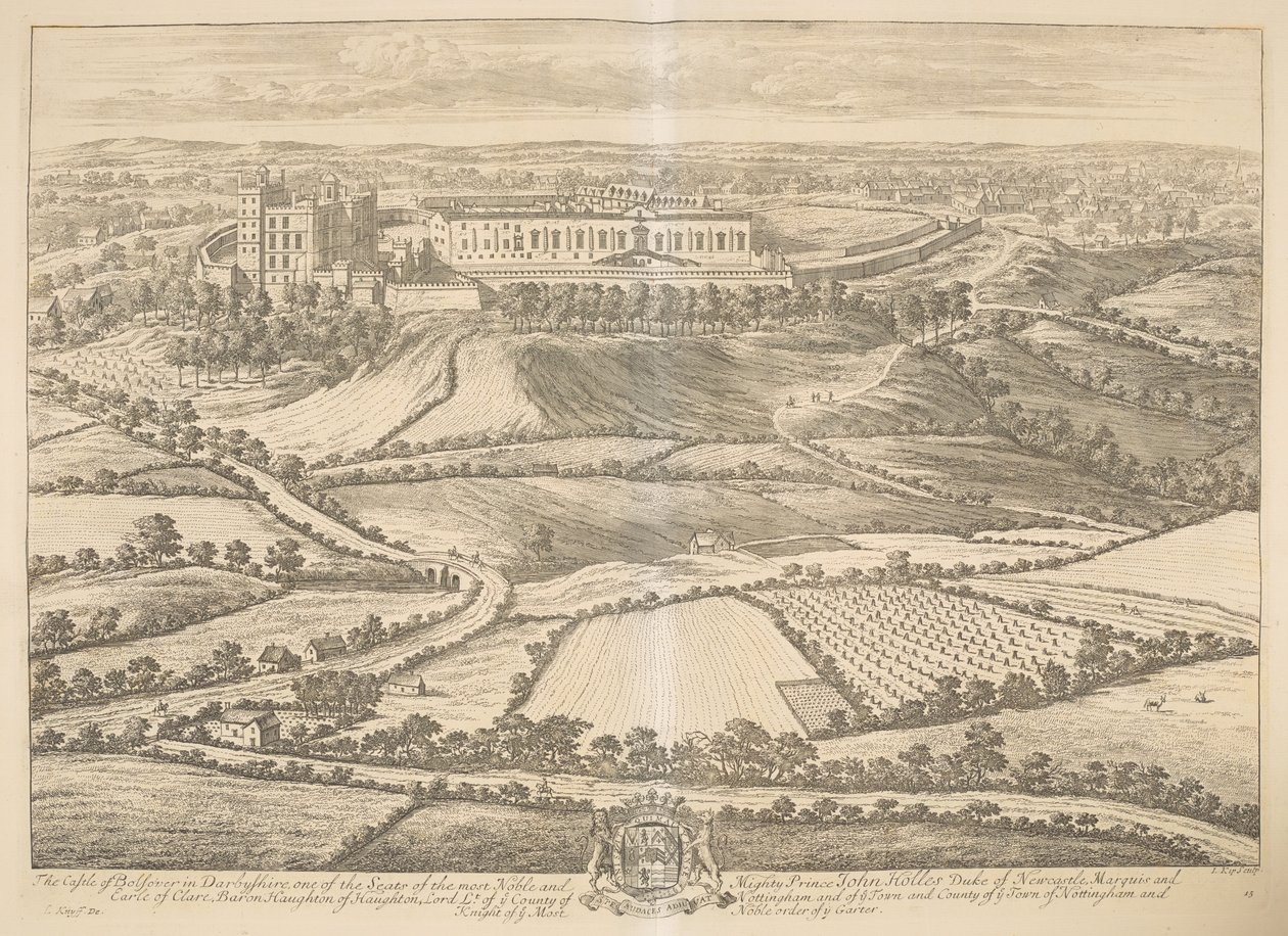 El castillo de Bolsover en Darbyshire: una de las sedes del más noble y poderoso príncipe John Holles, duque de Newcastle, marqués y conde de Clare, barón Haughton, señor teniente del condado de Nottingham y de la ciudad y condado de la ciudad de Nottingha de Johannes Kip