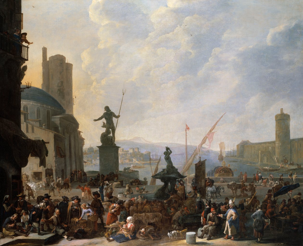 Un Capricho de un Puerto Mediterráneo con la Fuente de Tritón de Bernini, y un Capricho del Palais du Louvre, 1651 de Johannes Lingelbach