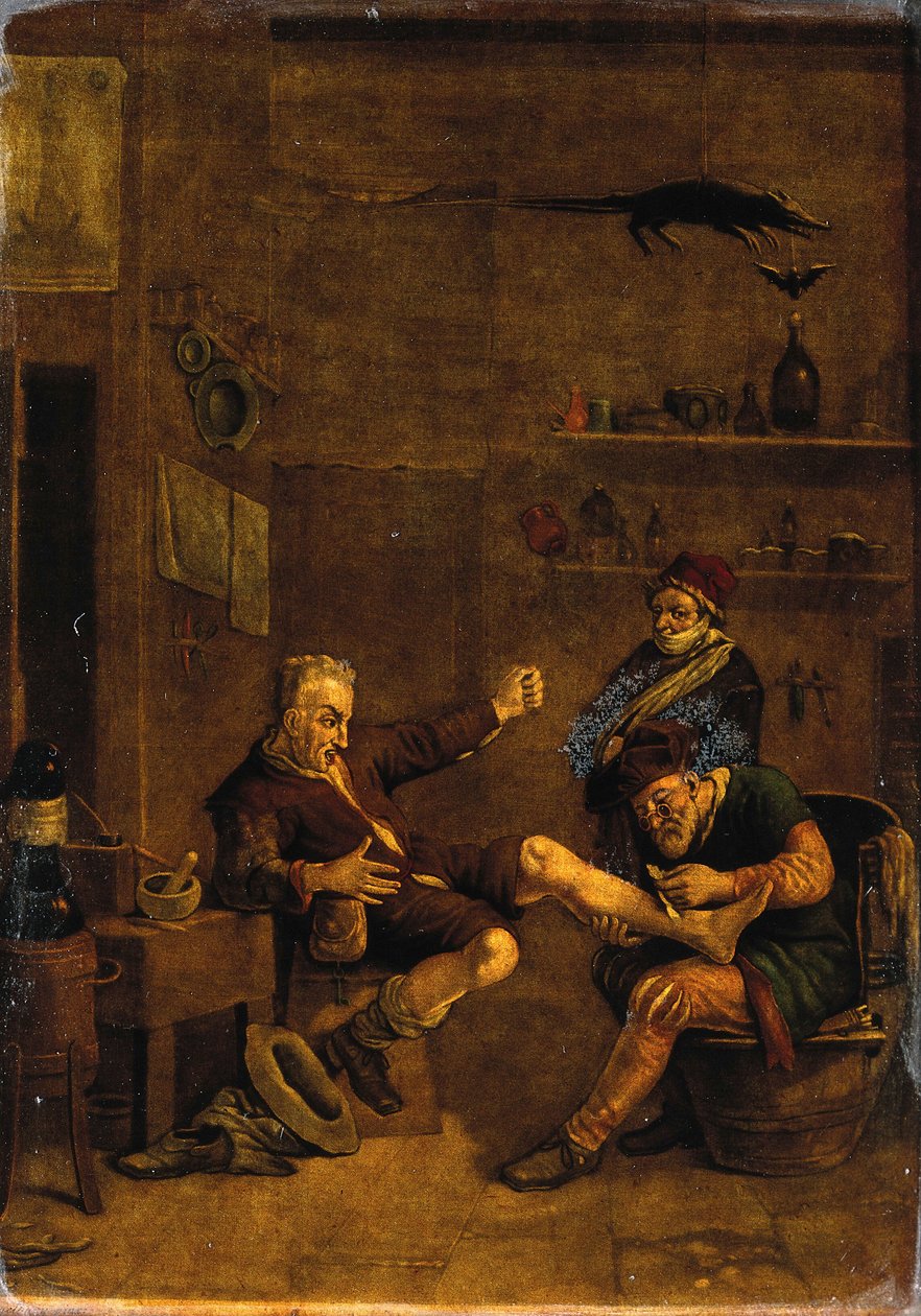 Un cirujano tratando el pie de un hombre. Mezzotinta basada en una composición atribuida a Johannes Lingelbach. de Johannes Lingelbach
