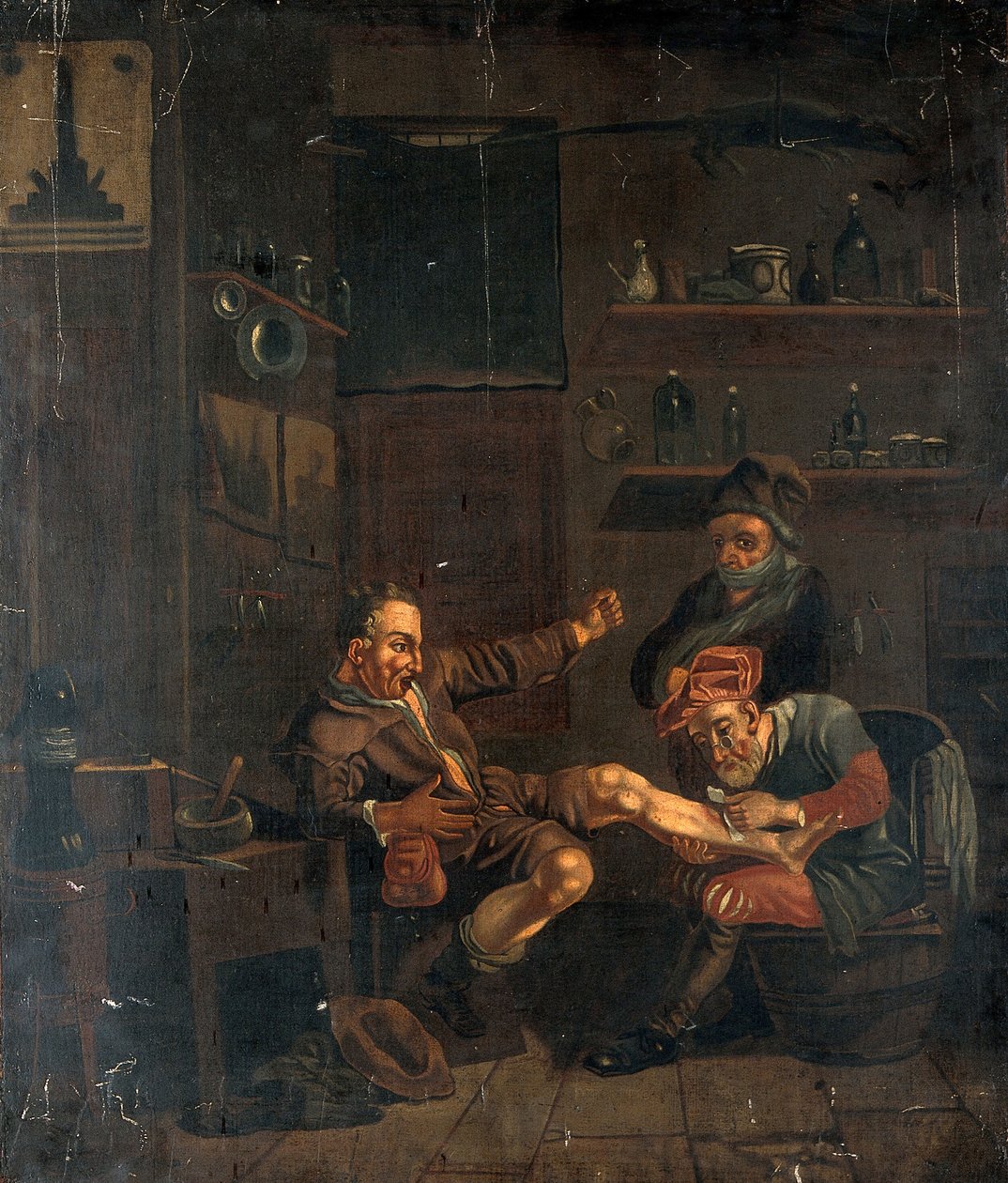 Un cirujano que atiende el pie de un hombre. Óleo basado en una composición atribuida a Johannes Lingelbach. de Johannes Lingelbach
