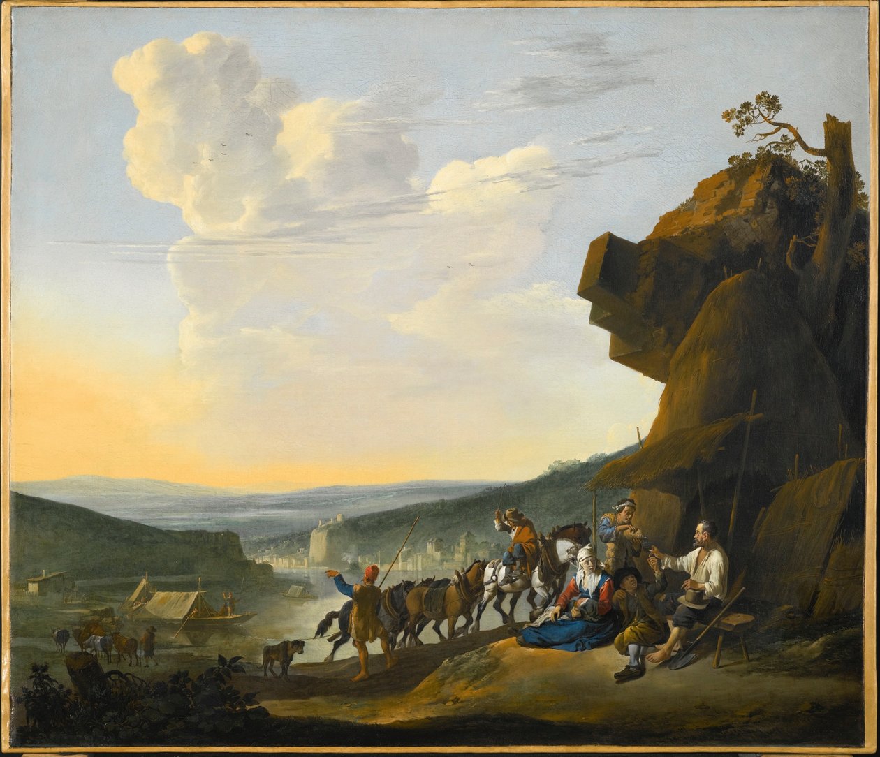 Alemán: Südliche Landschaft mit Fähre Paisaje meridional con vistas a una bahía, con viajeros descansando. de Johannes Lingelbach
