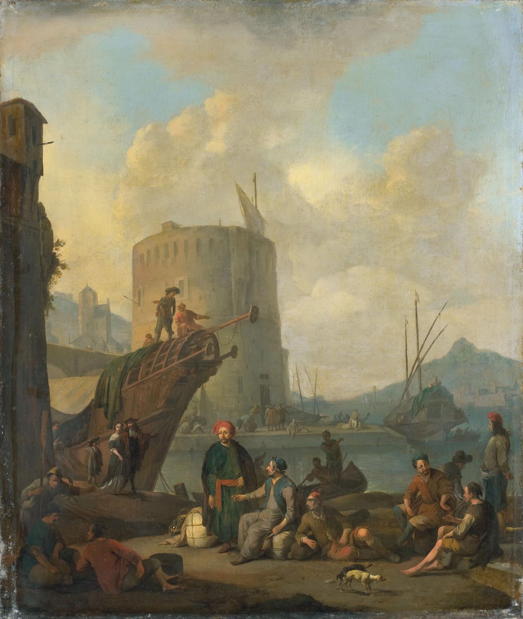 Puerto italiano con torre fortificada de Johannes Lingelbach