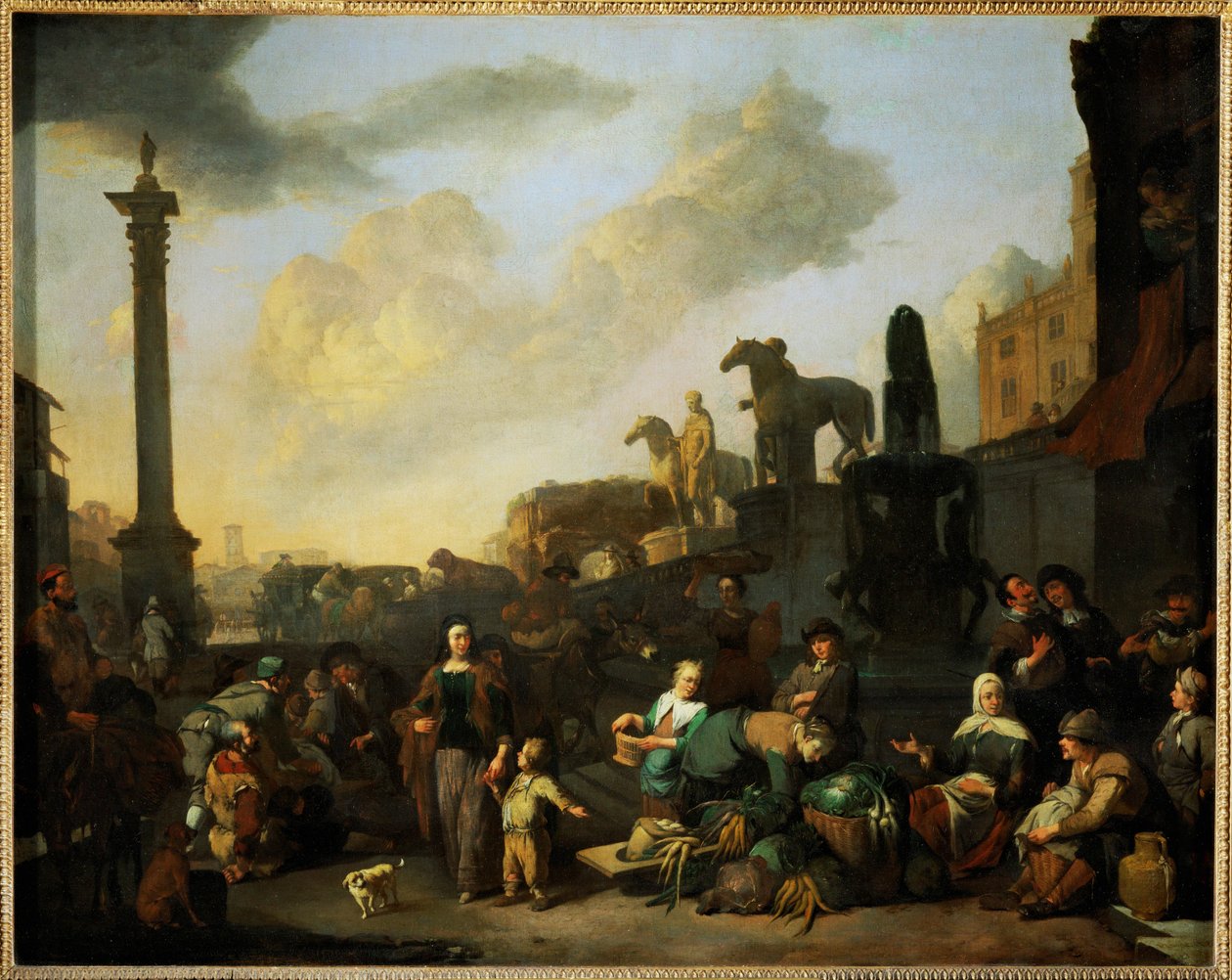 Le marche aux herbes a Rome - El mercado de hierbas de Roma ... de Johannes Lingelbach