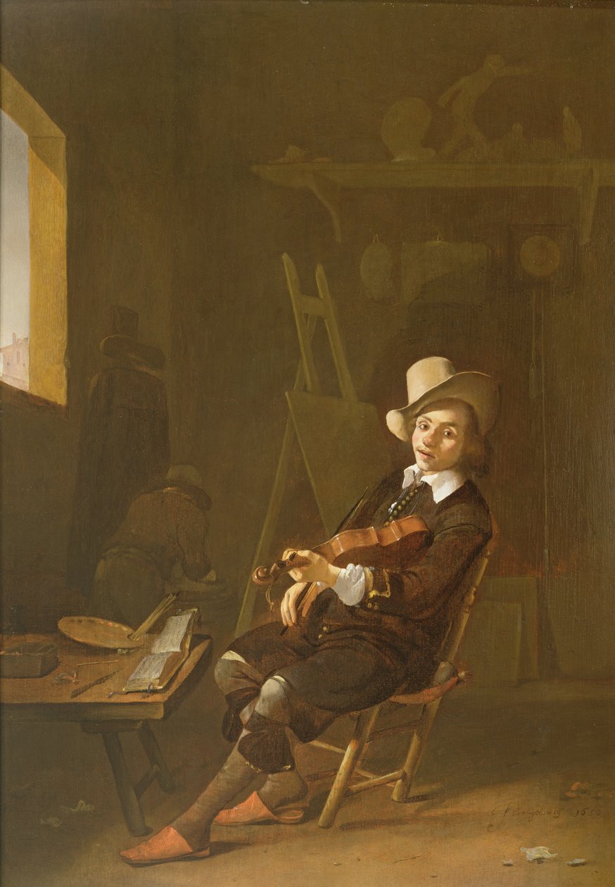 Autorretrato del artista tocando un violín de Johannes Lingelbach