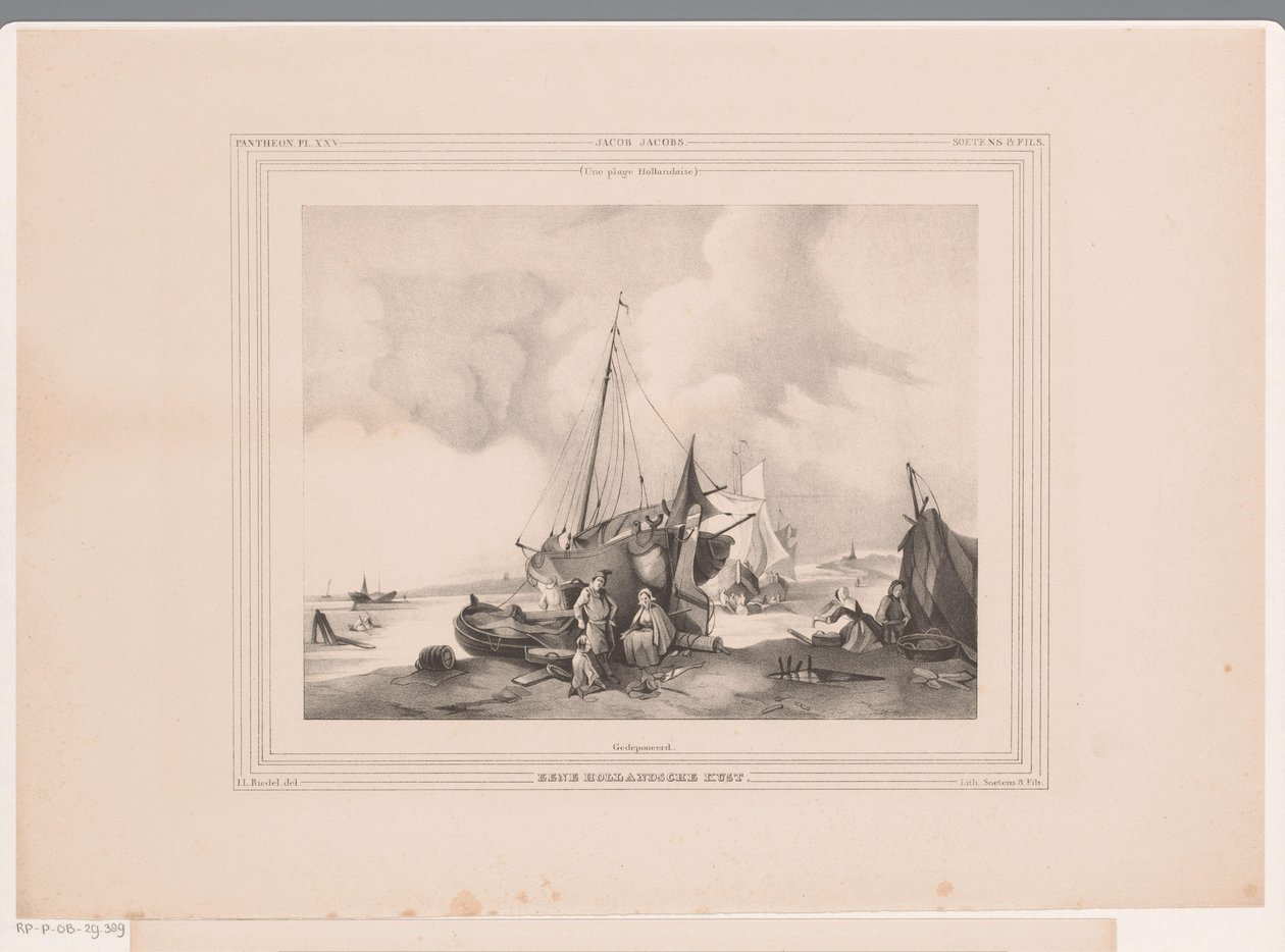 Costa holandesa con barcos y gente. Una costa holandesa (título sobre objeto) de Johannes Lodewijk Riedel