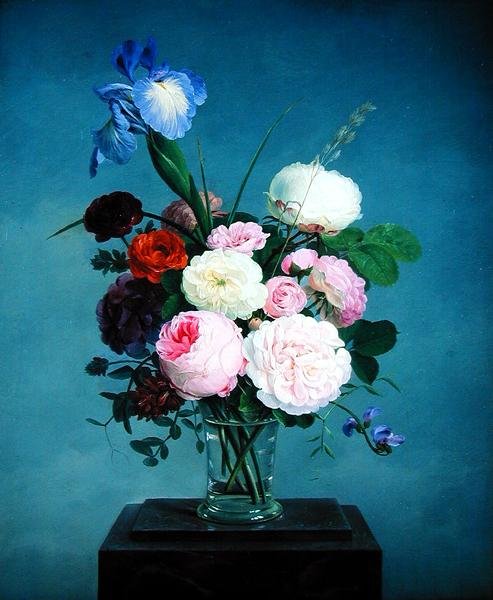 Rosas e Iris en un Jarrón de Cristal sobre un Plinto de Mármol de Johannes Ludwig Camradt